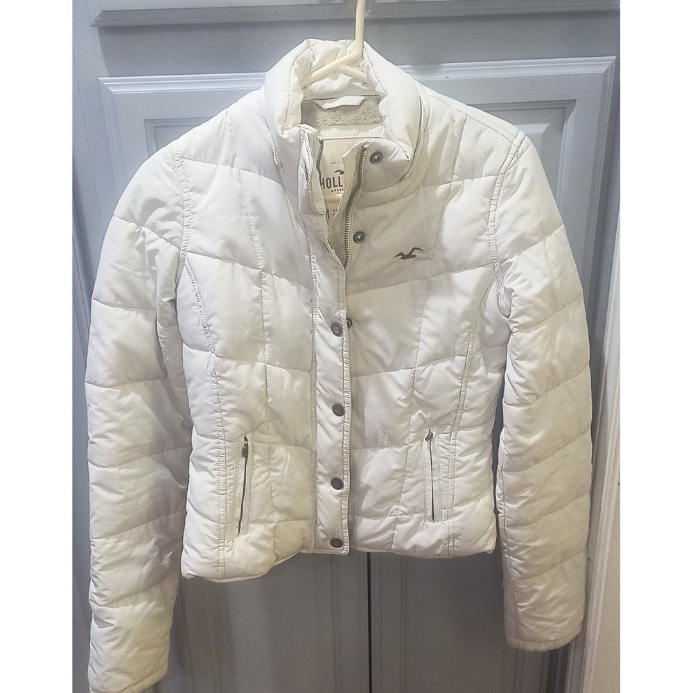 VTG Hollister White Quilted Puffer Jacket Women's Medium Fur Lined No Hood Y2K